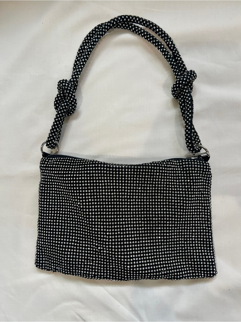 Black and Rhinestone Beaded Knot-Handle Shoulder Bag